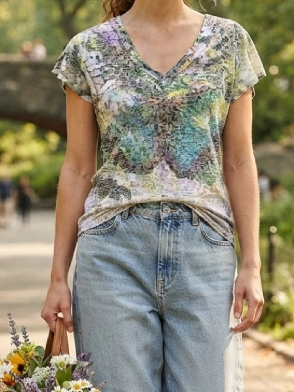 Express Butterfly Sequin Graphic V-Neck T-Shirt M Floral Y2K Festival Kitschy
